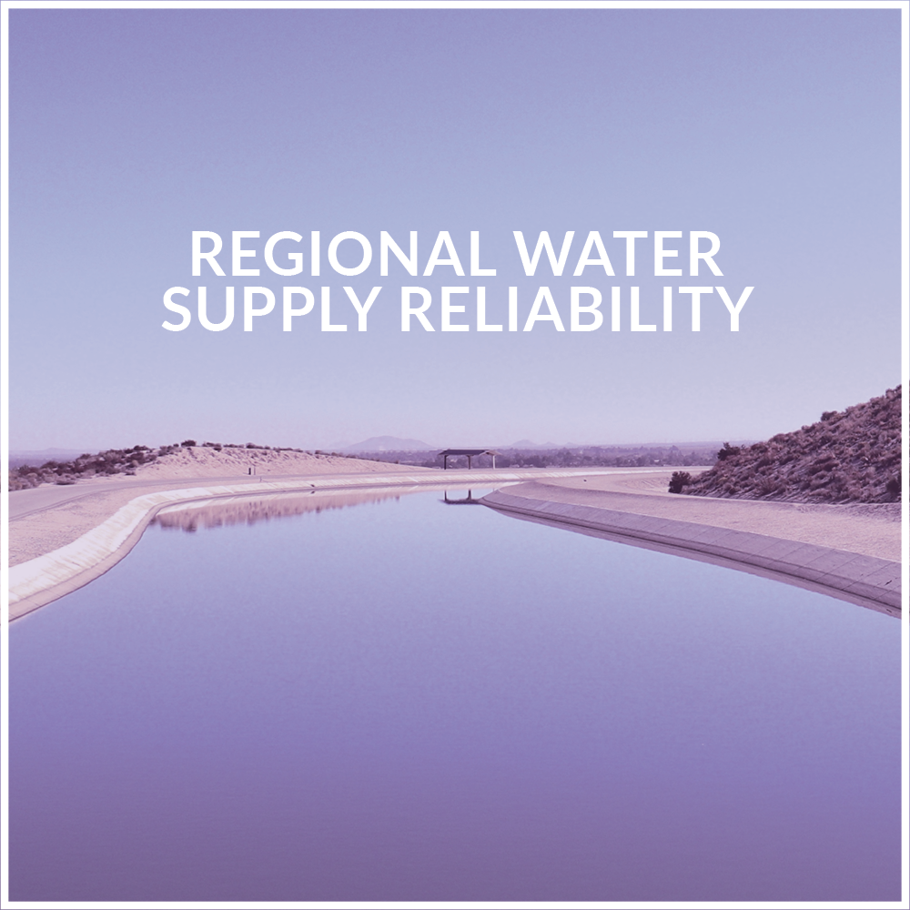 Regional water supply reliability button with a purple hue and a picture of a local water reservoir that takes you to more information about the regional water supply reliability targets 